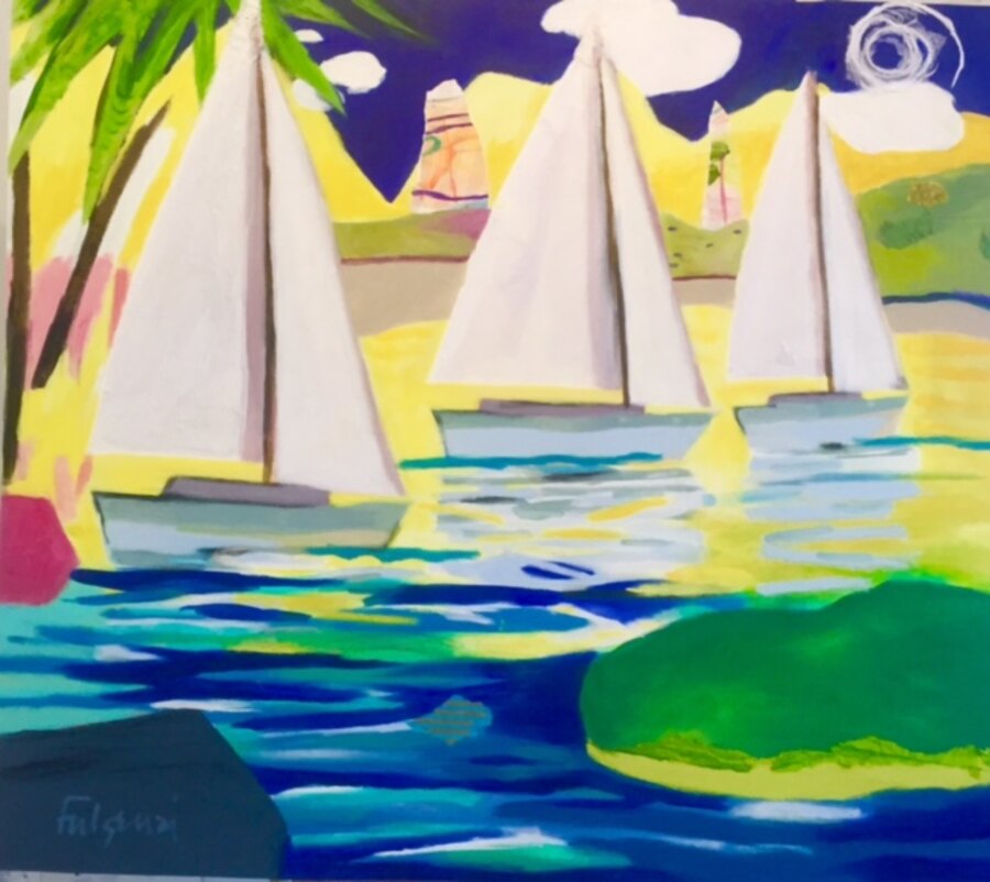 Impressionistic realistic Seascape beach original painting by Maureen Fulgenzi — Greens (tropical) palette, Palm Beach, FL