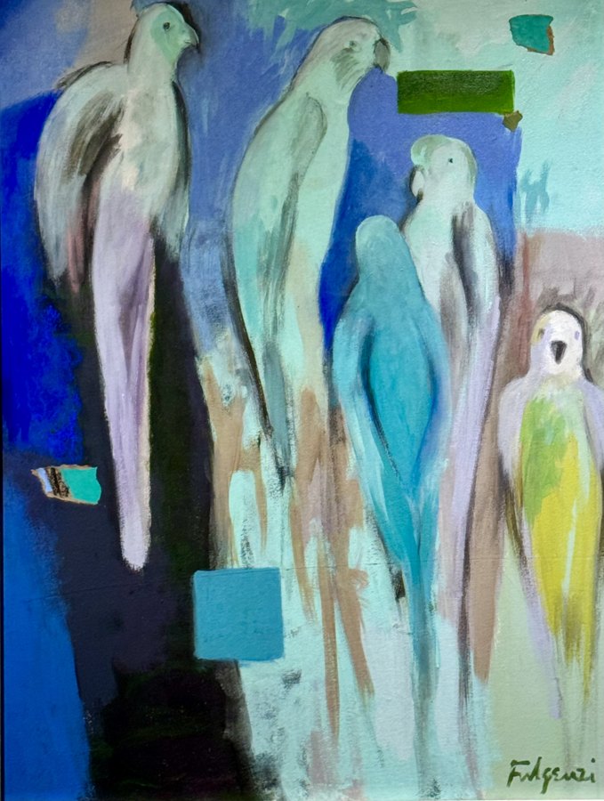 Abstract five-bird original painting by Maureen Fulgenzi — blues and aquas palette, Palm Beach, FL