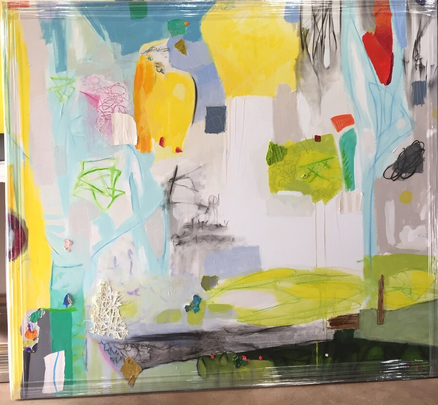 Abstract mixed-media landscape original painting by Maureen Fulgenzi — Yellow & green palette, Palm Beach, FL