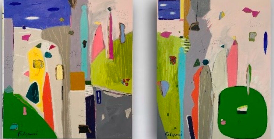 Abstract mixed-media pair (sold together) original painting by Maureen Fulgenzi — Green, yellow & blue palette, Palm Beach, FL