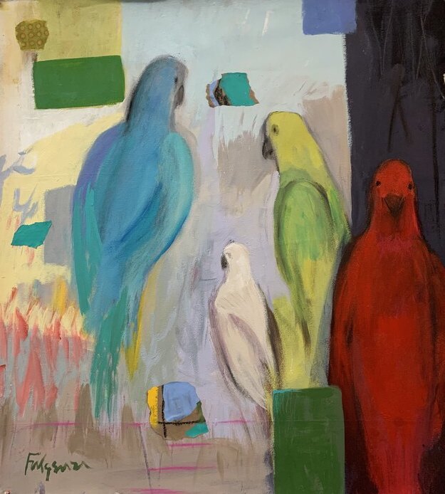 Abstract Birds original painting by Maureen Fulgenzi — Vivid tropical palette, Palm Beach, FL (sold)