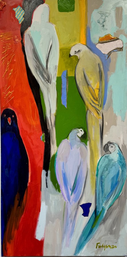 Abstract Birds original painting by Maureen Fulgenzi — Vivid tropical palette, Palm Beach, FL (sold)