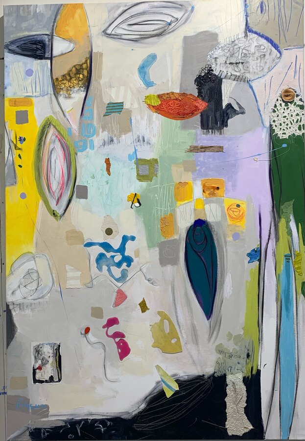 Abstract mixed-media composition original painting by Maureen Fulgenzi — multicolor pastel palette, Palm Beach, FL