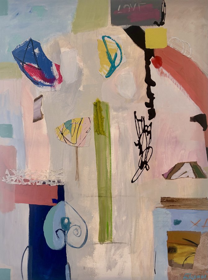 Collage mixed-media Abstract original painting by Maureen Fulgenzi — Pinks & blush palette, Palm Beach, FL