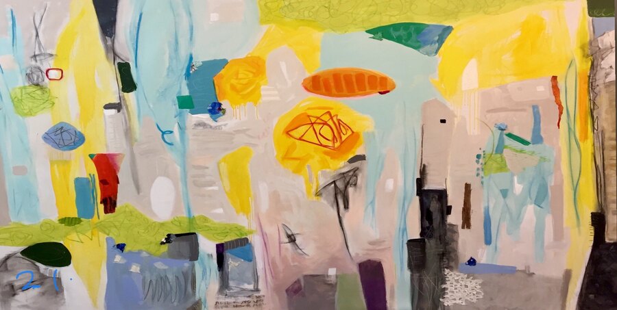 Abstract mixed-media landscape original painting by Maureen Fulgenzi — Yellow, blue & green palette, Palm Beach, FL