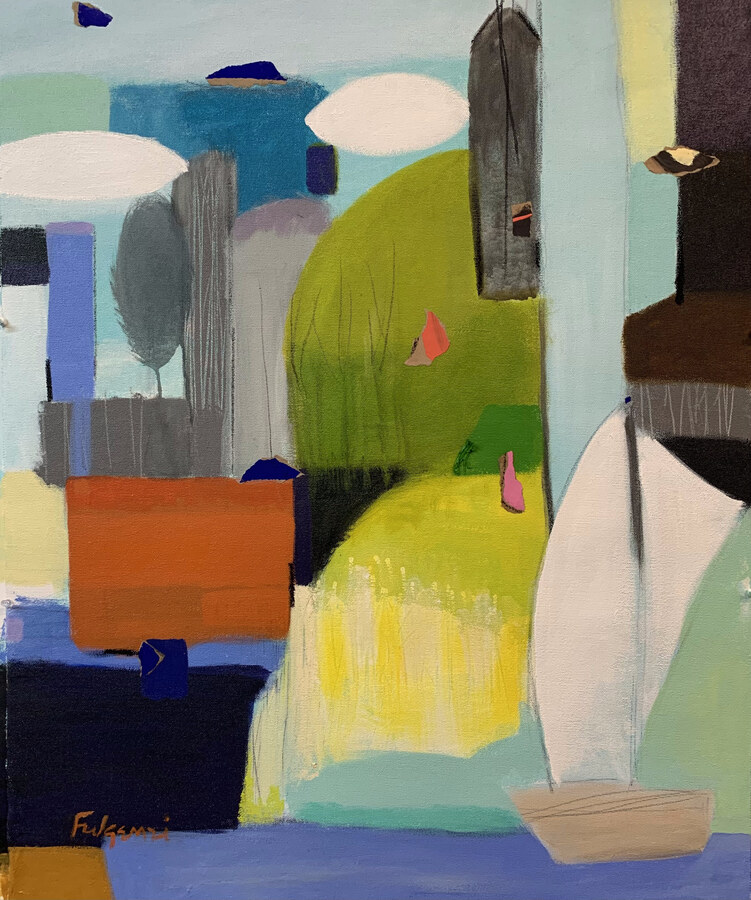 Abstract sailboat and collage painting original painting by Maureen Fulgenzi, Palm Beach, FL