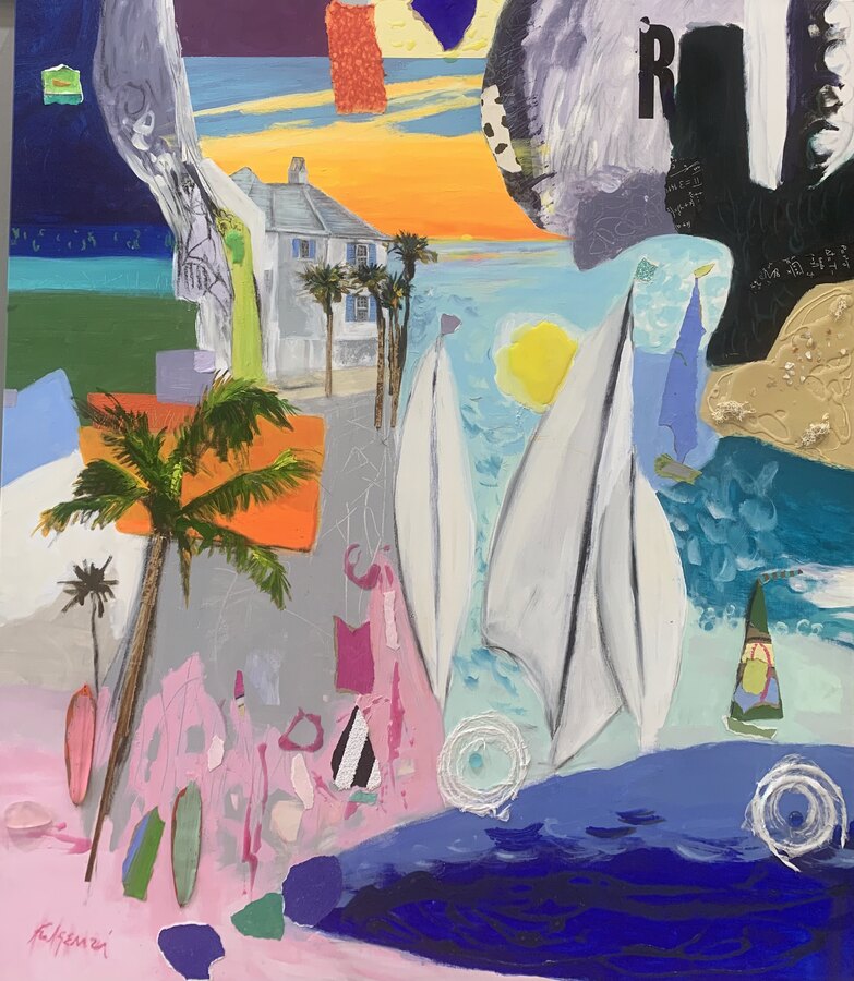 Mixed-media collage House, sailboat, palms commissioned painting by Maureen Fulgenzi — Vivid tropical palette, Palm Beach, FL