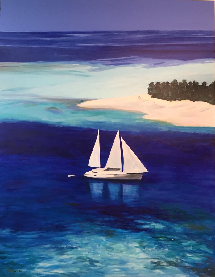 Impressionistic Sailboat commissioned painting by Maureen Fulgenzi — Deep blues palette, Palm Beach, FL