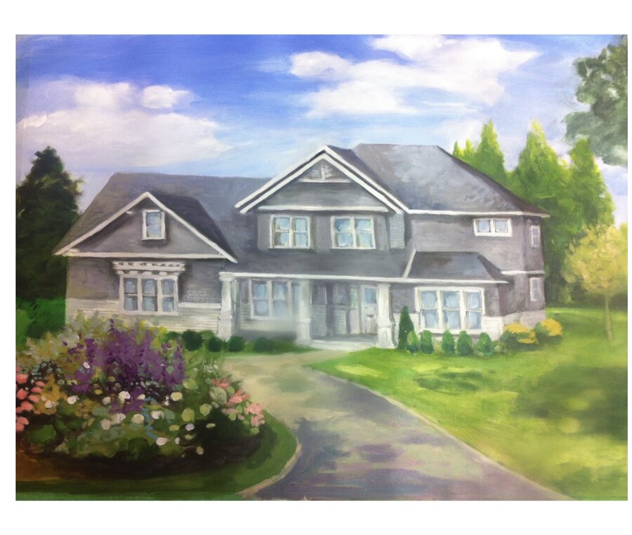 Realistic House portrait commissioned painting by Maureen Fulgenzi — Soft naturalistic palette, Palm Beach, FL