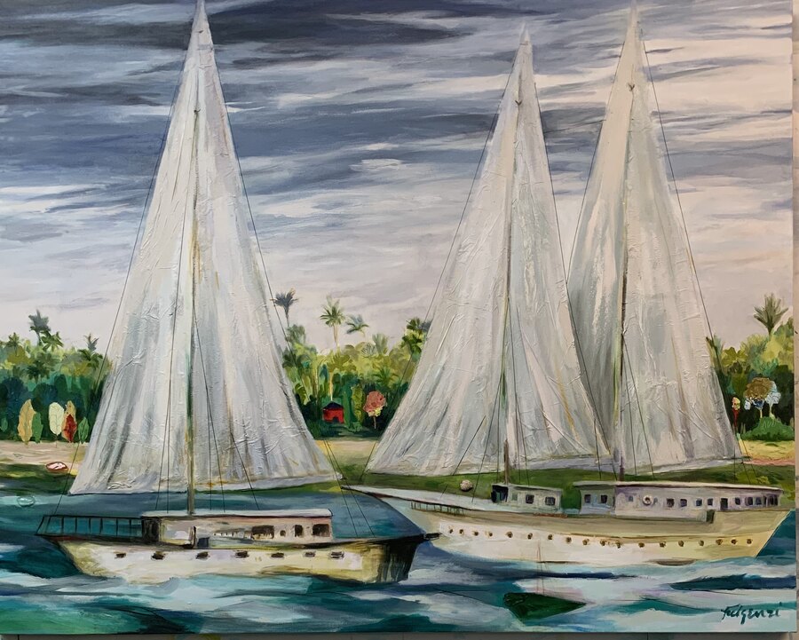 Impressionistic Sailboats commissioned painting by Maureen Fulgenzi — Blue & grey & white palette, Palm Beach, FL