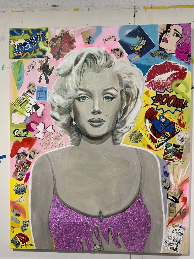 Pop art Marilyn Monroe (pop icon) commissioned painting by Maureen Fulgenzi — Bold & primary palette, Palm Beach, FL