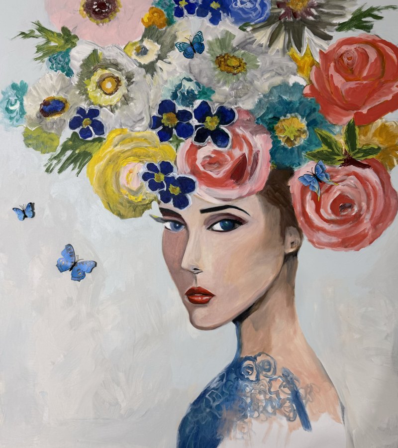 Painterly Woman with floral headdress commissioned painting by Maureen Fulgenzi — Rich multicolor palette, Palm Beach, FL