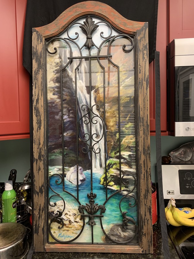 Realistic Waterfall commissioned painting by Maureen Fulgenzi — Green & blue palette, Palm Beach, FL