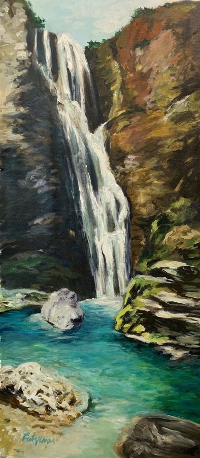 Realistic Waterfall commissioned painting by Maureen Fulgenzi — Green & blue palette, Palm Beach, FL