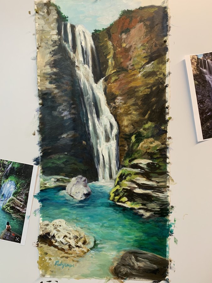 Realistic Waterfall commissioned painting by Maureen Fulgenzi — Green & blue palette, Palm Beach, FL