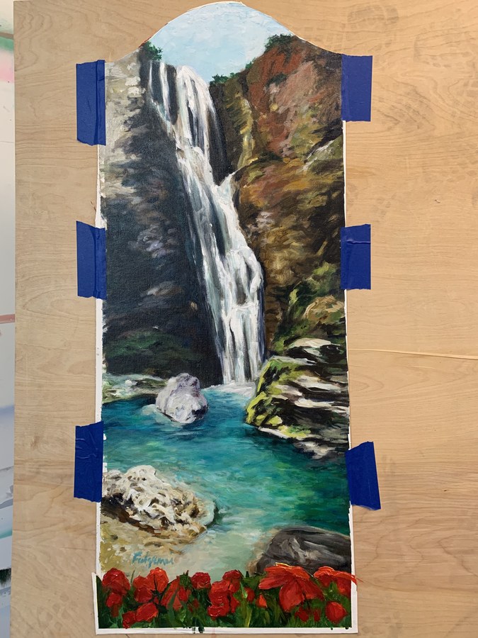 Realistic Waterfall commissioned painting by Maureen Fulgenzi — Green & blue palette, Palm Beach, FL