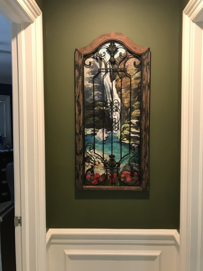 Realistic Waterfall commissioned painting by Maureen Fulgenzi — Green & blue palette, Palm Beach, FL