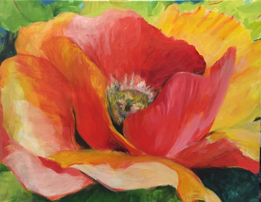 Botanical Poppy (floral close-up) commissioned painting by Maureen Fulgenzi — Warm red & orange palette, Palm Beach, FL