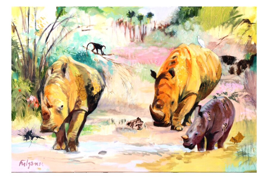 Loose watercolor Rhinos commissioned painting by Maureen Fulgenzi — Earthy tan palette, Palm Beach, FL