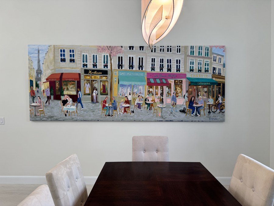 Impressionistic Paris street cafe commissioned painting by Maureen Fulgenzi — Soft pastel palette, Palm Beach, FL
