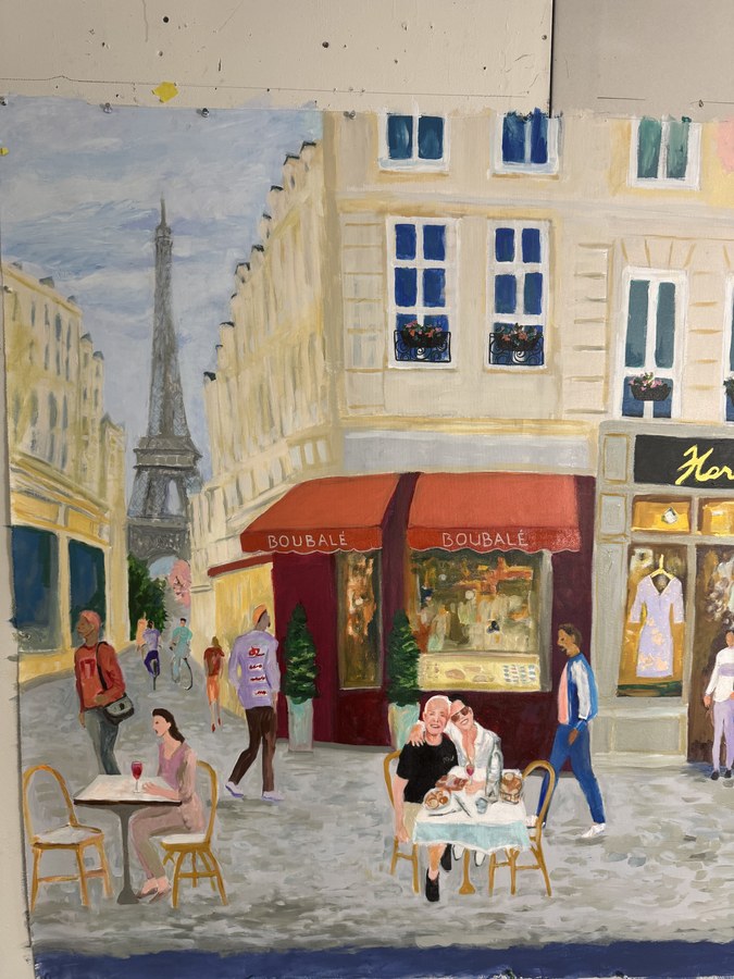Impressionistic Paris street cafe commissioned painting by Maureen Fulgenzi — Soft pastel palette, Palm Beach, FL