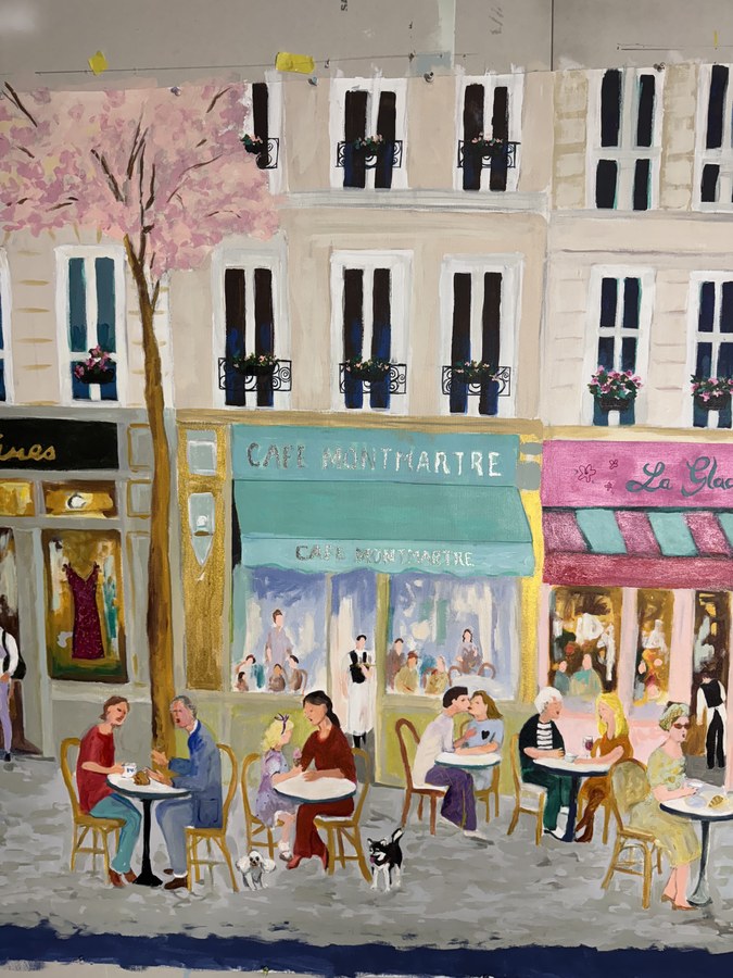Impressionistic Paris street cafe commissioned painting by Maureen Fulgenzi — Soft pastel palette, Palm Beach, FL