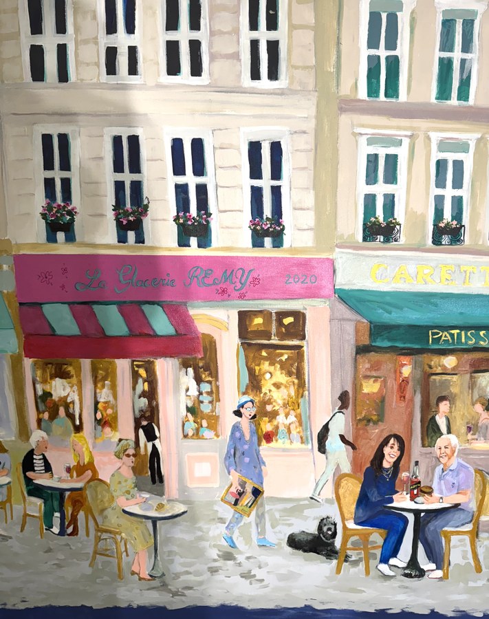 Impressionistic Paris street cafe commissioned painting by Maureen Fulgenzi — Soft pastel palette, Palm Beach, FL