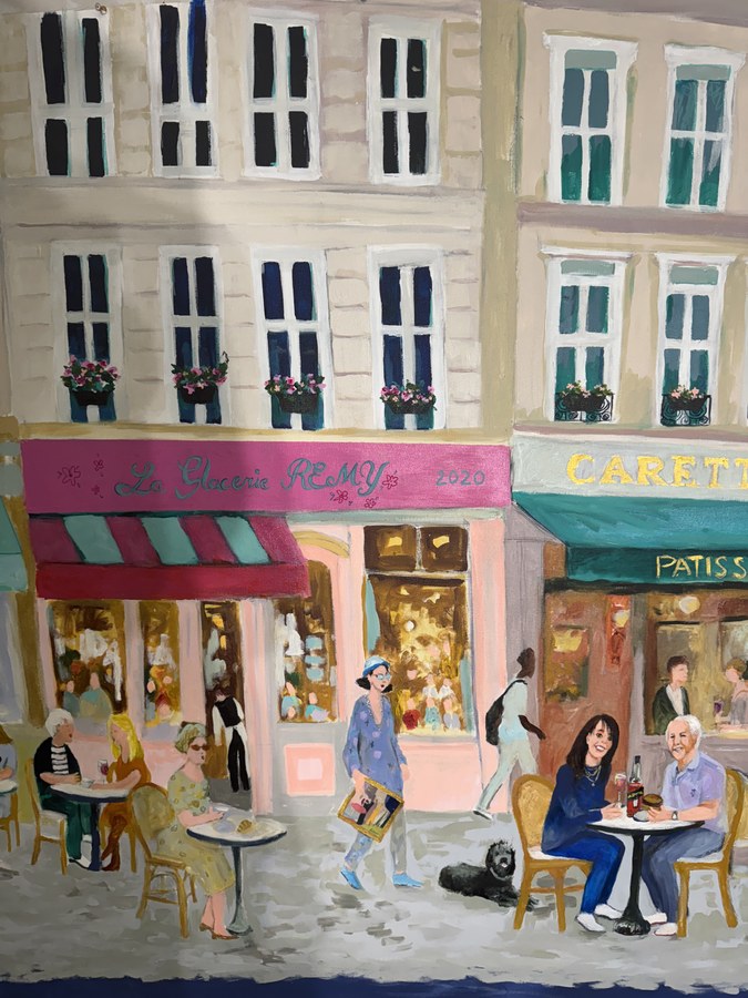 Impressionistic Paris street cafe commissioned painting by Maureen Fulgenzi — Soft pastel palette, Palm Beach, FL