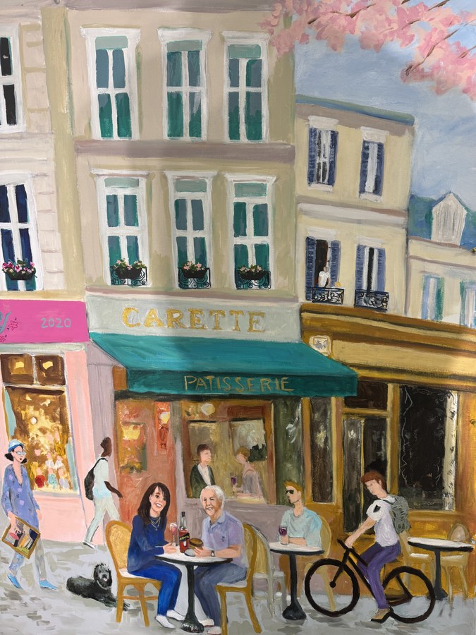 Impressionistic Paris street cafe commissioned painting by Maureen Fulgenzi — Soft pastel palette, Palm Beach, FL