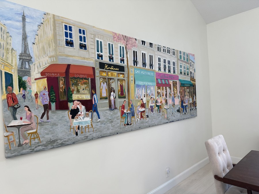 Impressionistic Paris street cafe commissioned painting by Maureen Fulgenzi — Soft pastel palette, Palm Beach, FL