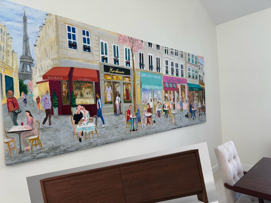 Impressionistic Paris street cafe commissioned painting by Maureen Fulgenzi — Soft pastel palette, Palm Beach, FL