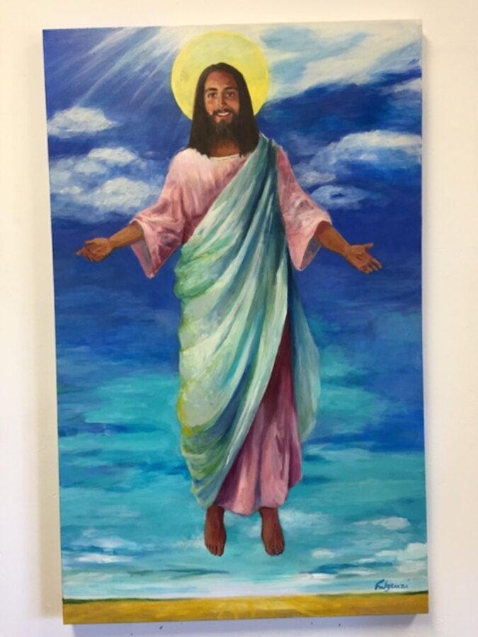 Realistic Religious figure (Jesus) commissioned painting by Maureen Fulgenzi — Blue palette, Palm Beach, FL