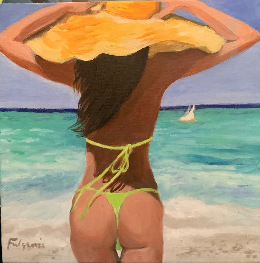 Stylized Woman at beach (figure) commissioned painting by Maureen Fulgenzi — Warm & turquoise palette, Palm Beach, FL
