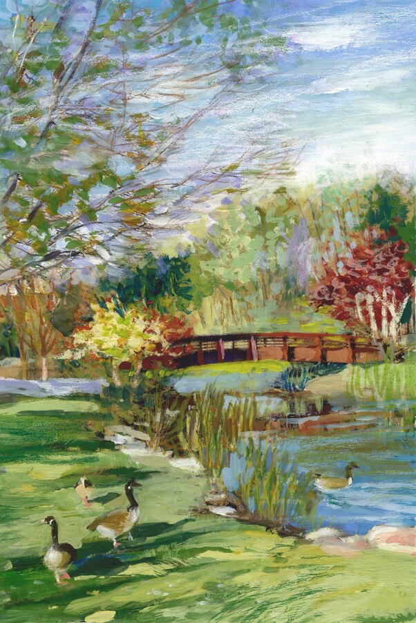 Impressionistic Bridge, geese, pond commissioned painting by Maureen Fulgenzi — Green palette, Palm Beach, FL
