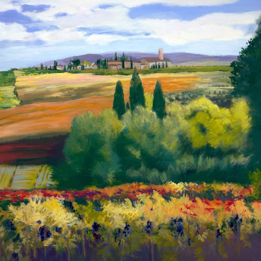 Impressionistic Countryside field commissioned painting by Maureen Fulgenzi — Gold & green palette, Palm Beach, FL
