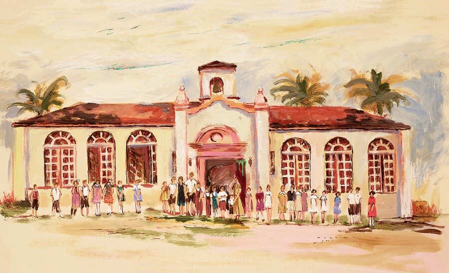 Watercolor Church building commissioned painting by Maureen Fulgenzi — Terracotta palette, Palm Beach, FL