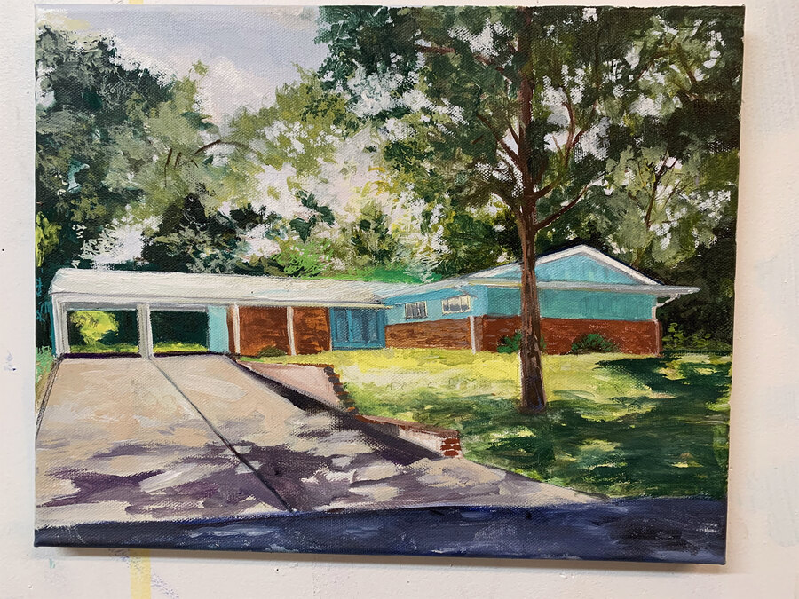 Realistic House portrait commissioned painting by Maureen Fulgenzi — Green palette, Palm Beach, FL