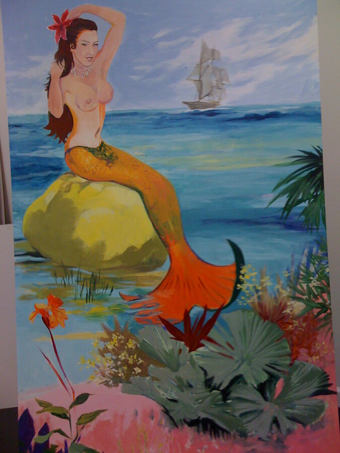 Folk Mermaid commissioned painting by Maureen Fulgenzi — Vivid palette, Palm Beach, FL