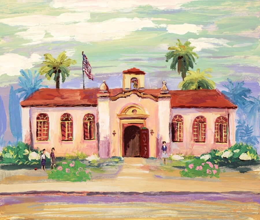 Watercolor Spanish mission-style building commissioned painting by Maureen Fulgenzi, with palm trees and an American flag — terracotta palette, Palm Beach, FL