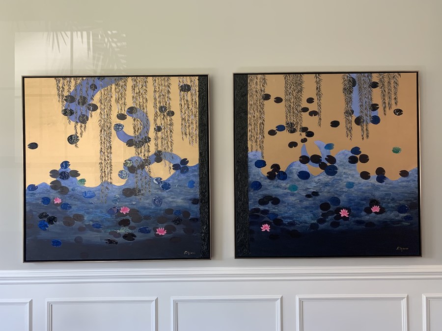 Abstract Lily pads & dragonflies (diptych) commissioned painting by Maureen Fulgenzi — Gold & metallic palette, Palm Beach, FL