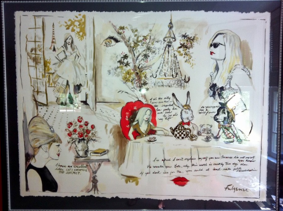 Illustrative Paris & French fashion scene commissioned painting by Maureen Fulgenzi — Soft w & red accents palette, Palm Beach, FL