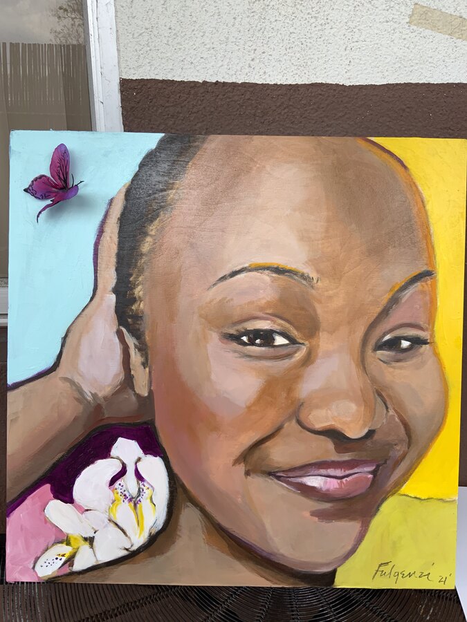 Painterly + pop background Young Woman portrait by Maureen Fulgenzi — Vivid palette, Palm Beach, FL