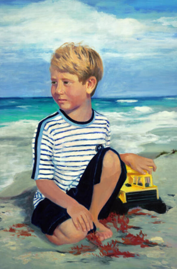 Realistic Boy at the Beach portrait by Maureen Fulgenzi — Blue & coastal palette, Palm Beach, FL