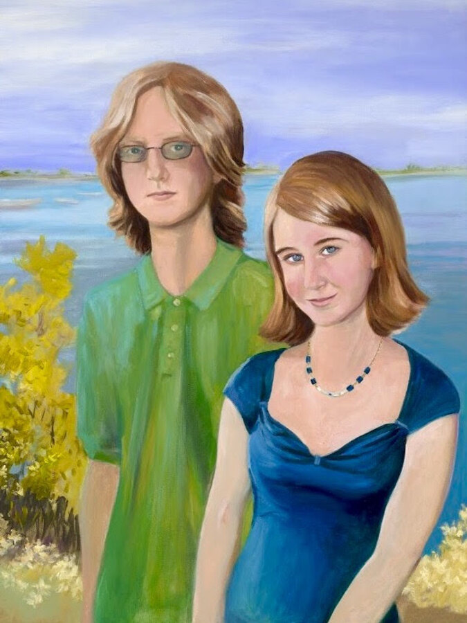 Realistic Siblings portrait by Maureen Fulgenzi — Green & blue palette, Palm Beach, FL