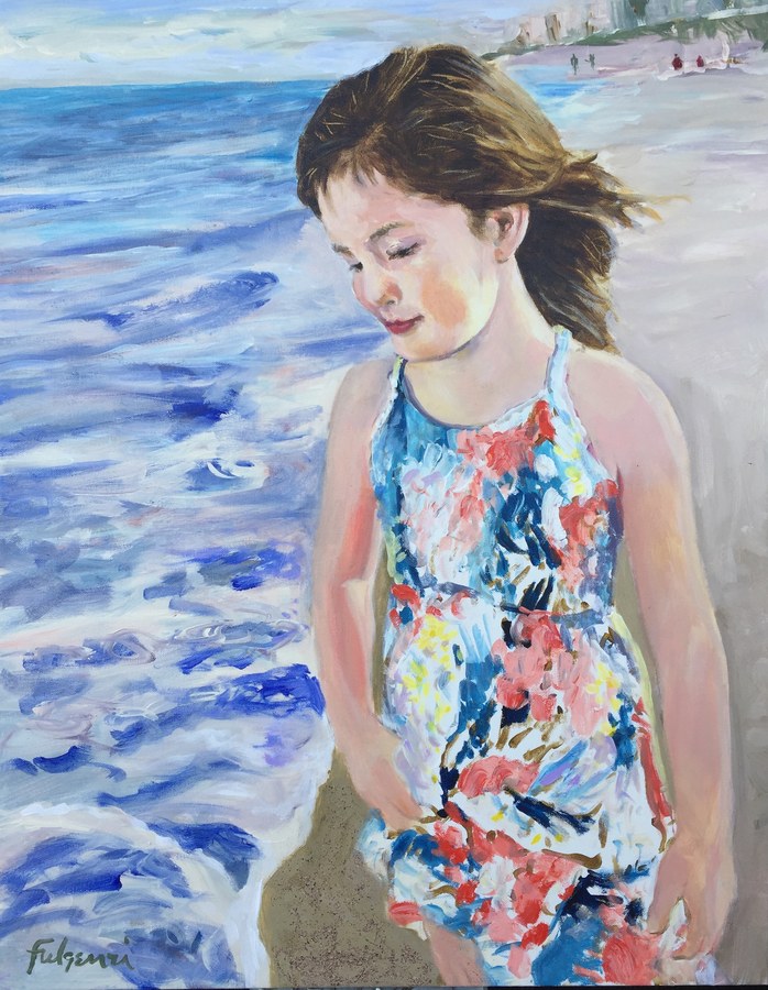 Impressionistic Girl at the Beach portrait by Maureen Fulgenzi — Blue floral palette, Palm Beach, FL