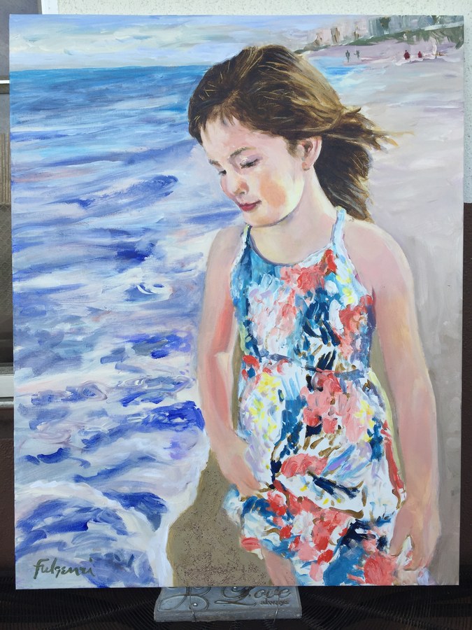 Impressionistic Girl at the Beach portrait by Maureen Fulgenzi — Blue floral palette, Palm Beach, FL