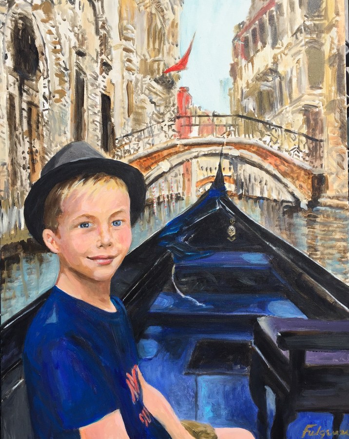 Realistic Boy in Venice portrait by Maureen Fulgenzi — Sepia & blue palette, Palm Beach, FL