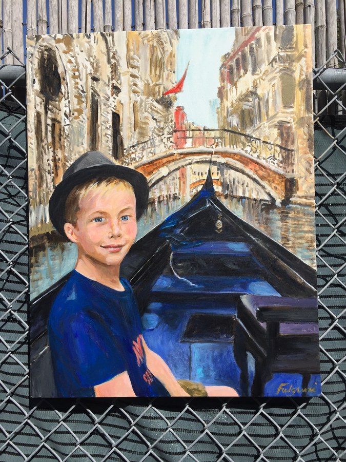 Realistic Boy in Venice portrait by Maureen Fulgenzi — Sepia & blue palette, Palm Beach, FL