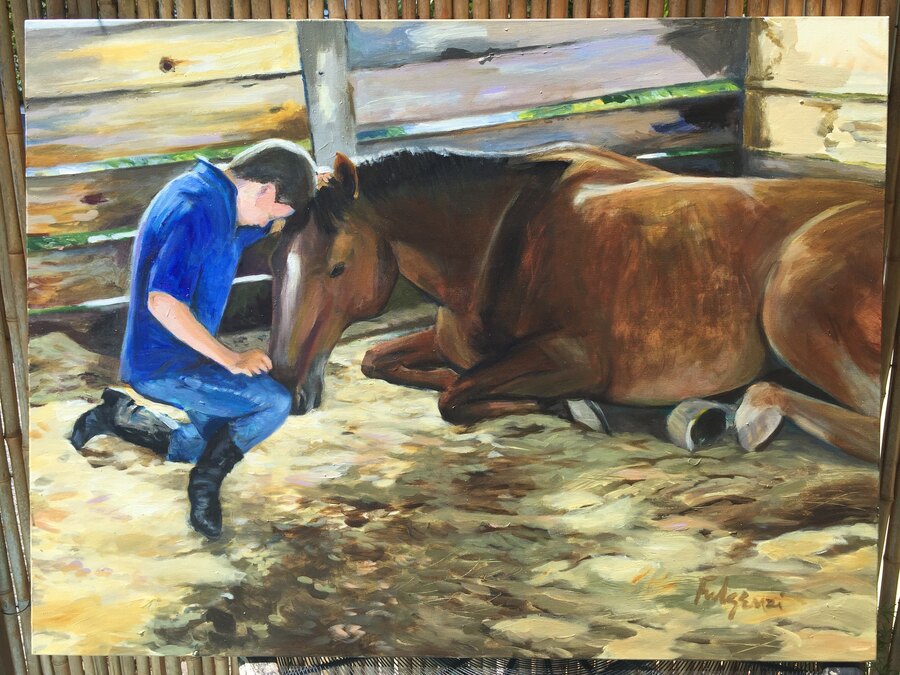 Realistic Boy with Horse portrait by Maureen Fulgenzi — Warm palette, Palm Beach, FL
