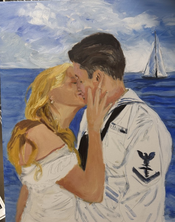 Realistic Sailor & Bride Couple portrait by Maureen Fulgenzi — Blue palette, Palm Beach, FL